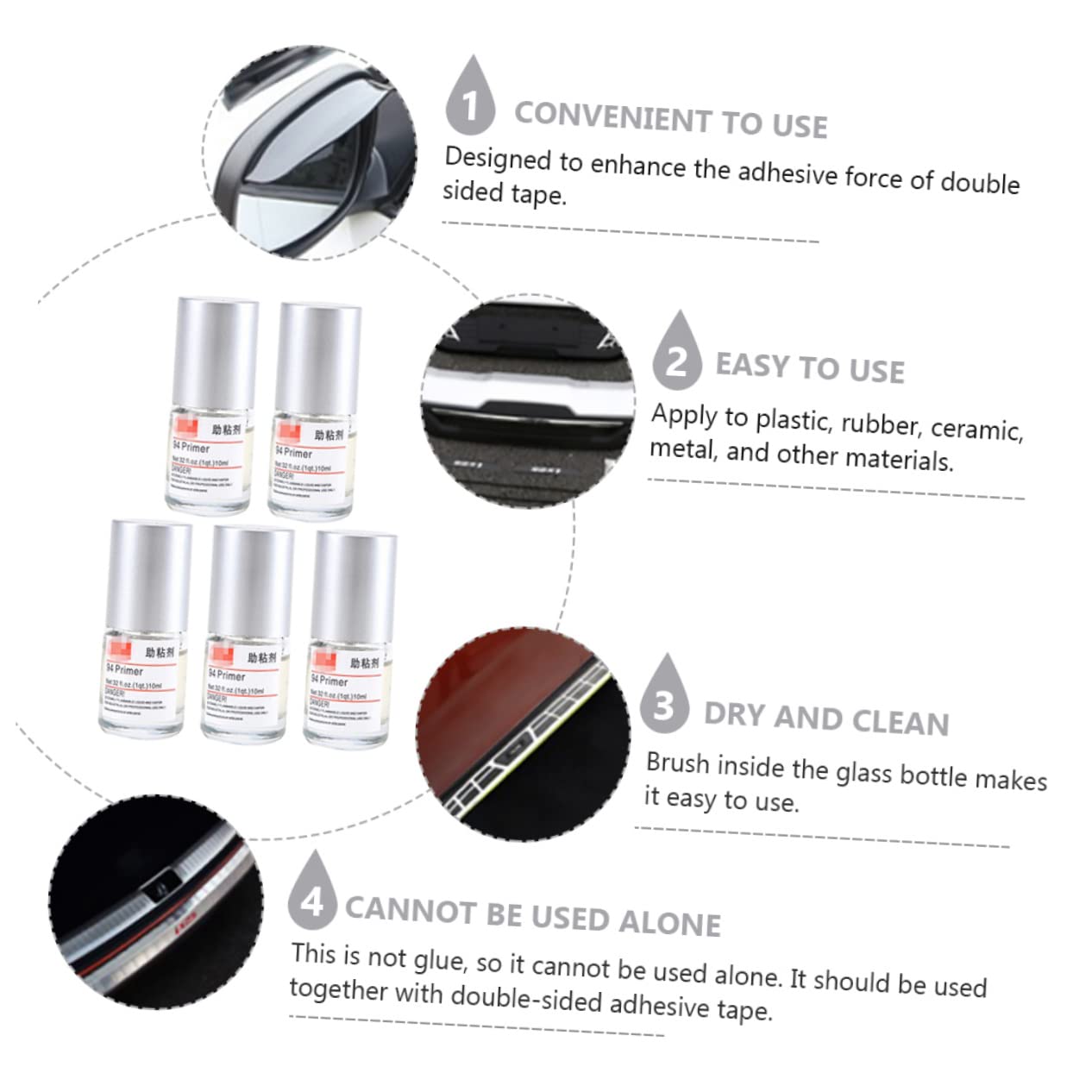GANAZONO Bottles Adhesion Promoter Automotive Adhesive Tape Primer for Enhanced Double Sided Tape Bonding Easy to Use Portable for Car Supplies and Modifications