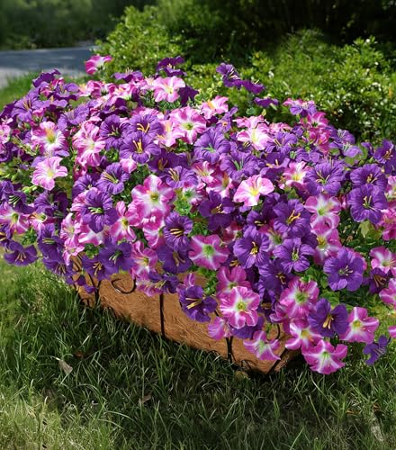 Artificial Flowers for Outdoors Fake Plants Outside Decoration, 20 Bundles Silk Petunia with Eucalyptus UV Resistant Realistic Faux Flowers for Outdoor Planters Garden Balcony Yard Porch Patio, Mix