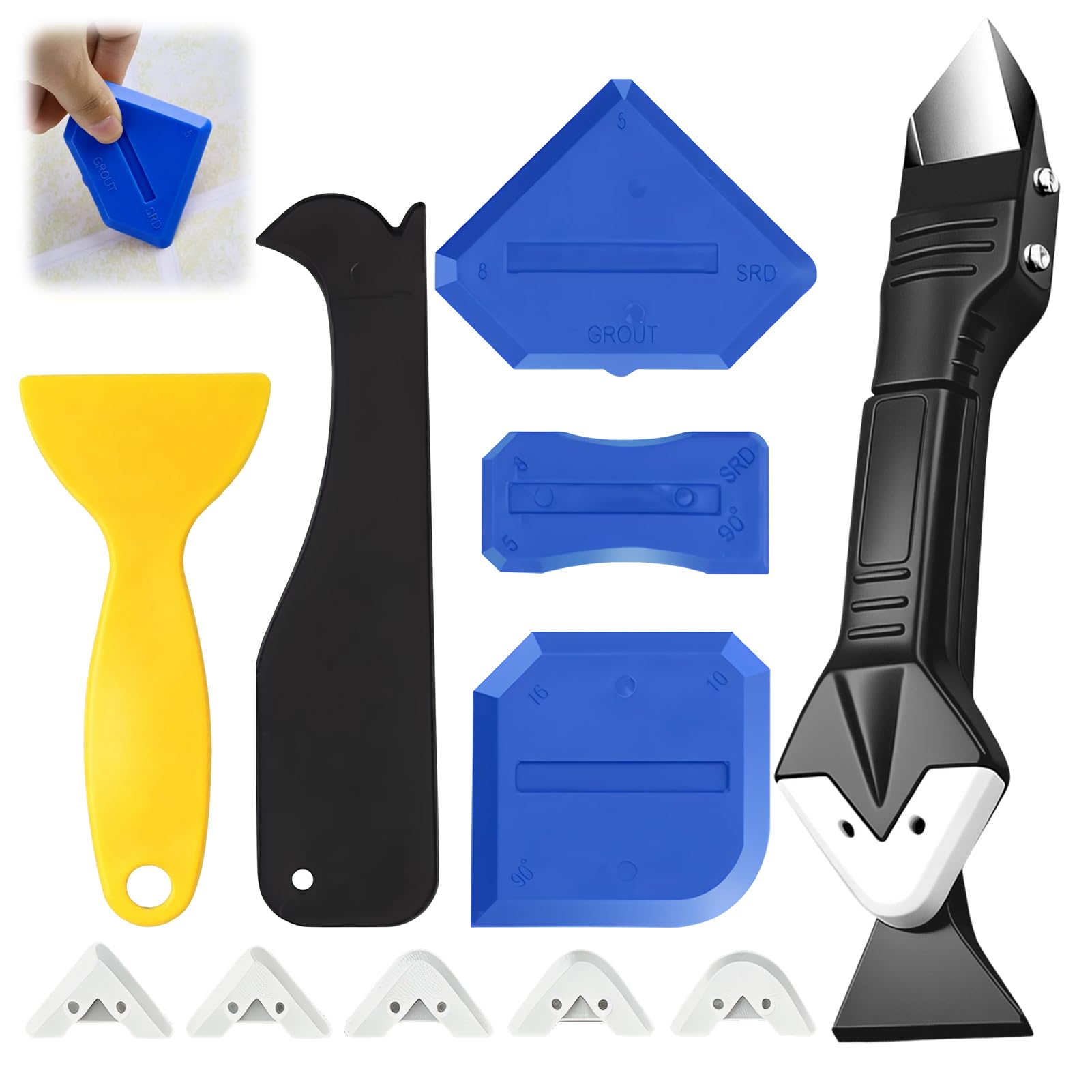 10 Pcs Silicone Caulking Tool Kit, Caulking Grout Remover Tool with Sealant Removal Scrapers Durable for Bathroom Kitchen Tile Joints Window Frames Grout Removal Tool DIY Home Cleaning Repair
