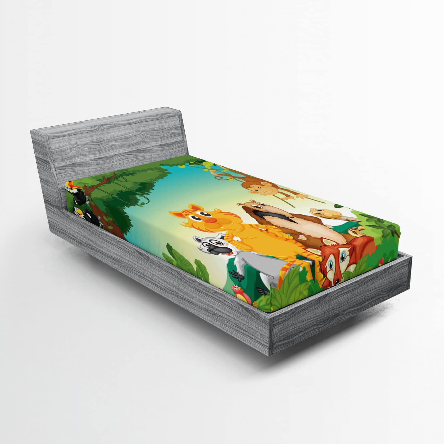 Ambesonne Zoo Fitted Sheet, Forest Scene with Different Animals Habitat Jungle Tropical Environment Cartoon, Bed Cover with All-Round Elastic Deep Pocket for Comfort, Twin XL Size, Green Orange