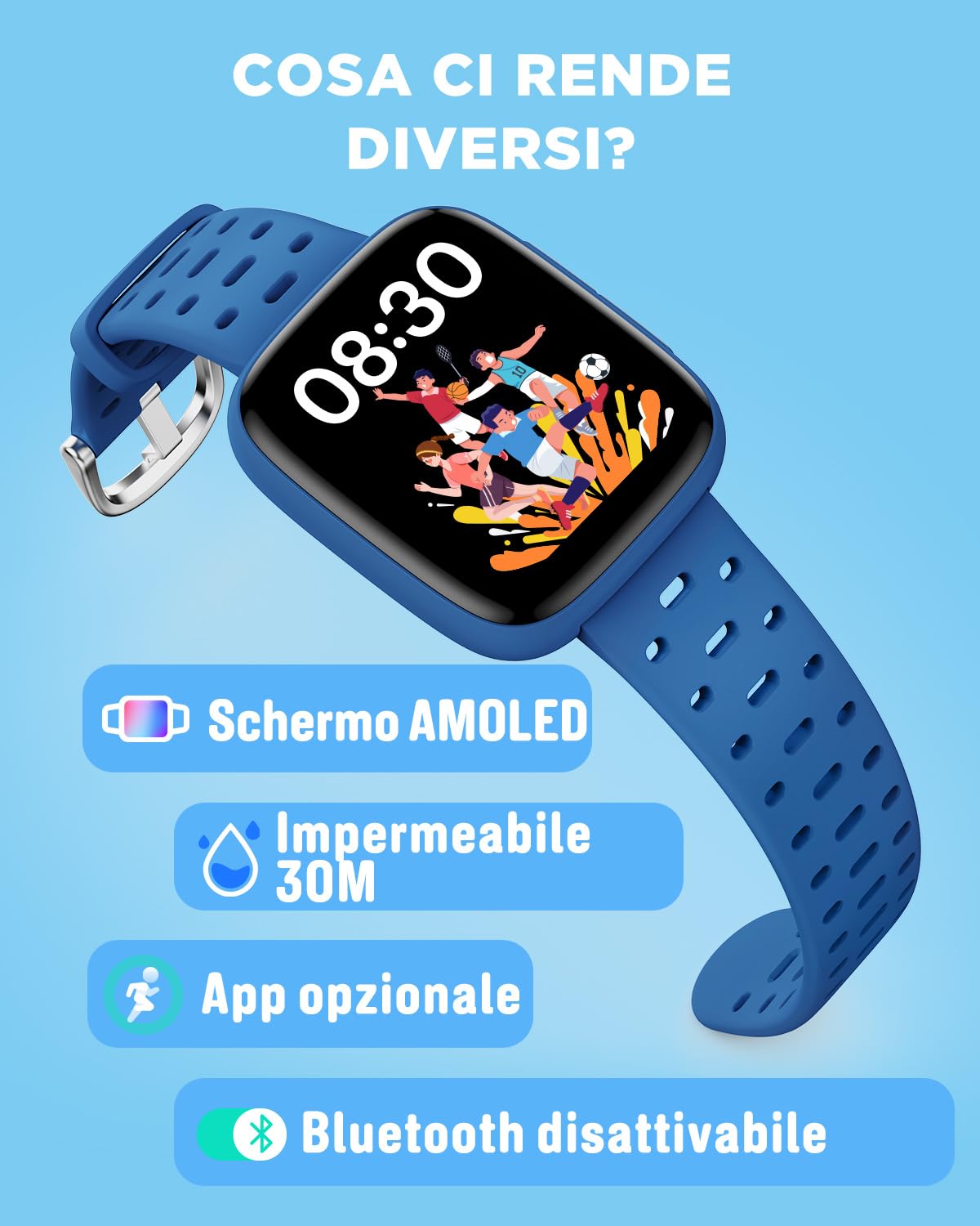 BIGGERFIVE Smartwatch Bambini Bambina Ado 5-16, 1,8" Amoled Fitness Tracker | Orologio Contapassi, Frequenza Cardiaca, Resistente all'Acqua 30m, Monitor del Sonno, Giochi Puzzle con/senza APP, Blu