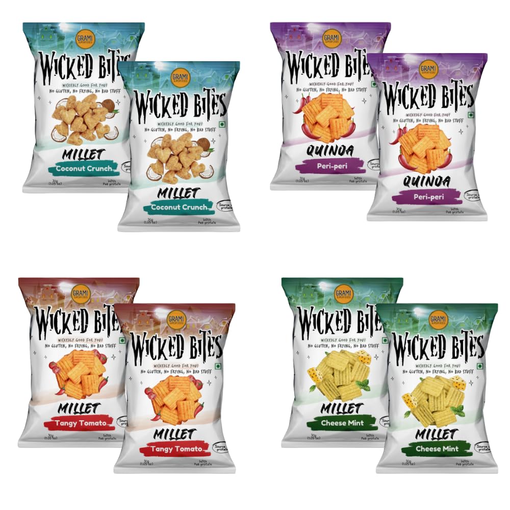 Grami Superfoods Wicked Premium Assorted Millet Snack - Pack of 8 ( 240g) - Each Pack Contains Coconut Crunch, Quinoa Peri Peri, Tangy Tomato, and Cheese Mint | Baked Not Fried | High Protein Millet & Quinoa Based Snacks | Savory & Sweetened with Jaggery | Gluten Free Snack | No Preservative | No-GMO | | Healthy Snacks for Kids | Healthy Snacks for Adults | Lower Blood Sugar | Weight Loss | Low GI | Protein Snack