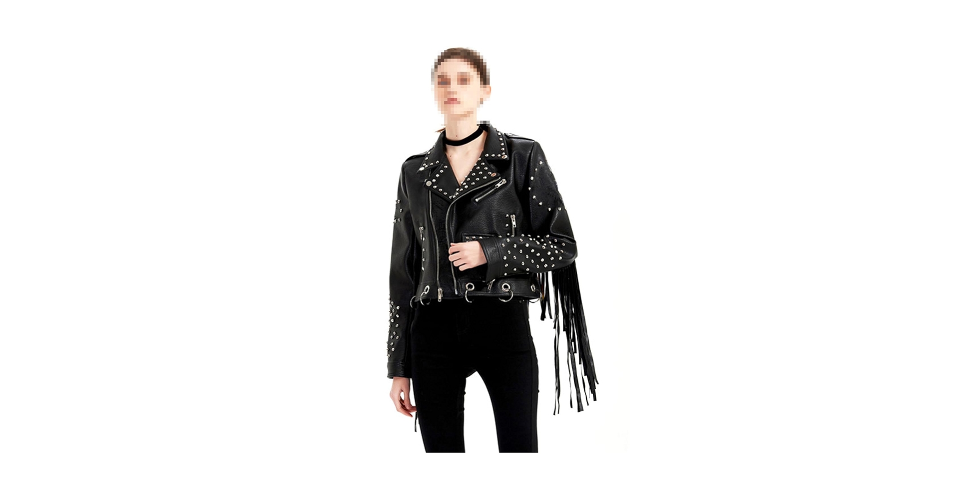 Niiyyjj Fringed Studded Rivet Short Black Leather Biker