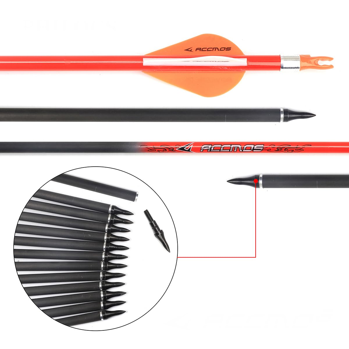 12 Stück Orange Kohlepfeile Spine 300 340 400 500 600 700 800 ID 6,2mm, für Compound Bogen Recurve Bögen Jagd Bogenschießen Praxis