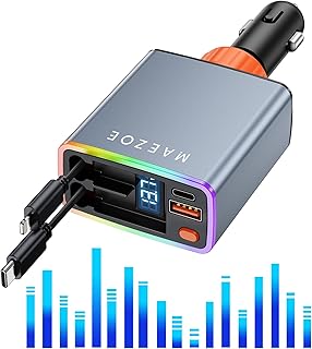 MAEZOE Car Charger Retractable Car Charger 120W with Sound-Activated Light PD QC Fast Charging, 2 Retractable Cables 4 in 1 Fodable USB Compatible with iPhone 16/15/14/13/12/11,Samsung, S23/S24 (Grey)