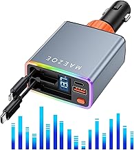 MAEZOE Car Charger Retractable Car Charger 120W with Sound-Activated Light PD QC Fast Charging, 2 Retractable Cables 4 in 1 Fodable USB Compatible with iPhone 16/15/14/13/12/11,Samsung, S23/S24 (Grey)