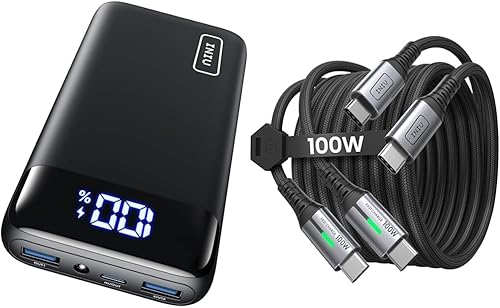 INIU Cargador portátil, 22.5 W 20000 mAh USB C entrada y salida de carga rápida y cable USB C a USB C, 100 W 2 unidades de 6.6 pies PD 5A carga