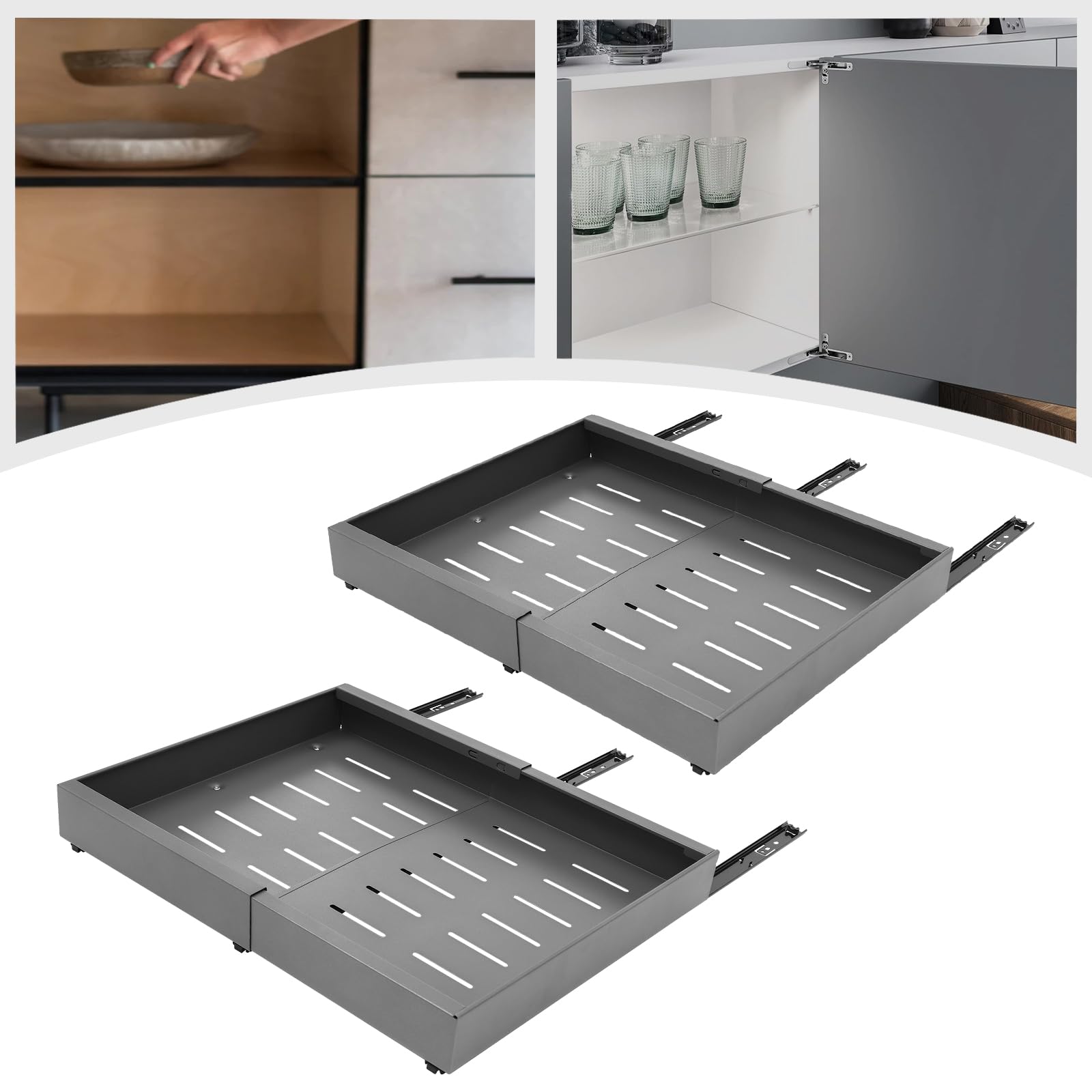 2 Stück Kohlenstoffstahl Grau 32-52 cm Modern Küche und Bad Teleskopschublade Ausziehbare Schublade Küche 50cm Tief Pull Out Cabinet Organizer Küchen Schrank für Schränke
