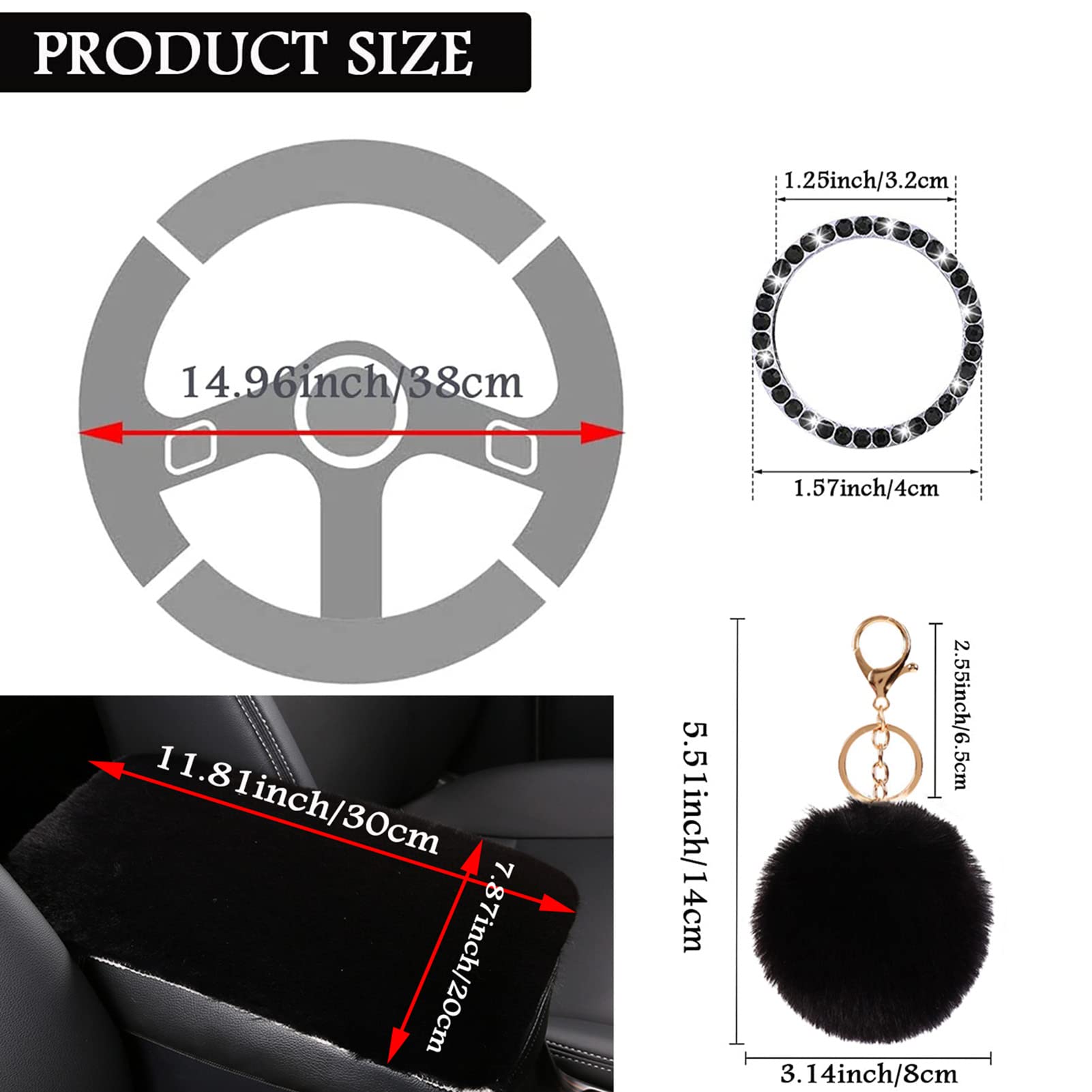 ZYNQACC 1 set 8 stuks pluizige stuurhoes set, warme zachte fuzzy stuurhoezen voor vrouwen/meisjes, universele 15 inch meisjes auto- accessoires (zwart