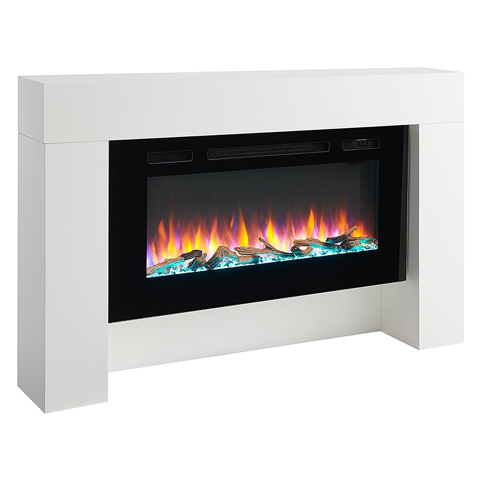 FLAMME 55 inch Electric Fire and Surround for Living Room, Carmaux White | 2kW Heater (1000W/2000W), 3 Flame Colours, 13 Fuel Bed Colours, Remote Control, Plug In, No Chimney Needed