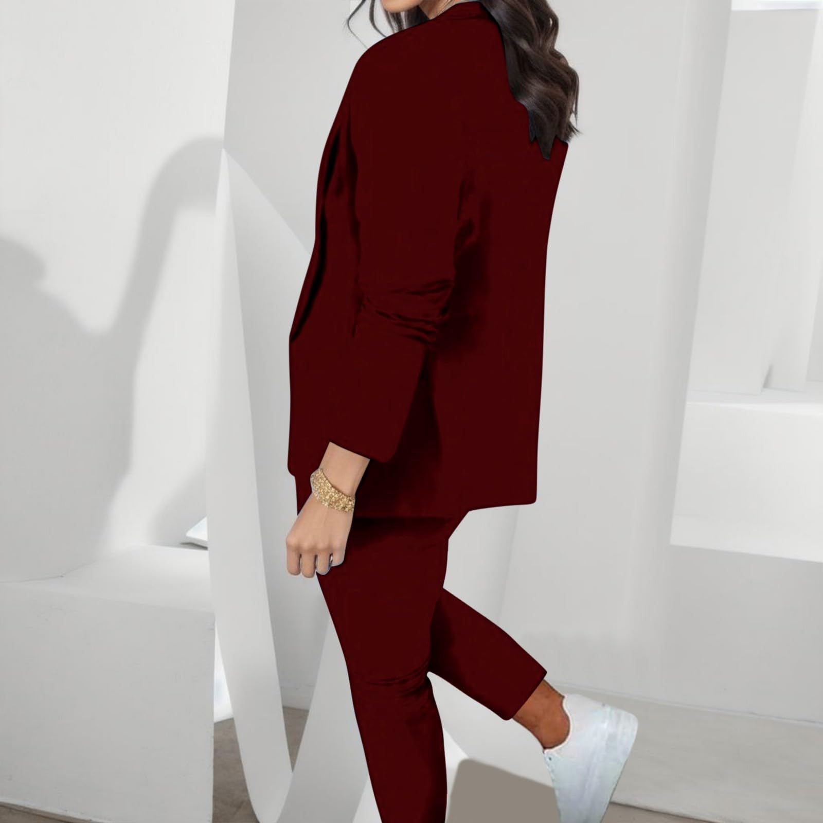 Costume formel 2 pièces pour femme, élégant, couleur unie, cardigan à manches longues, poches, haut élastique, jambe droite
