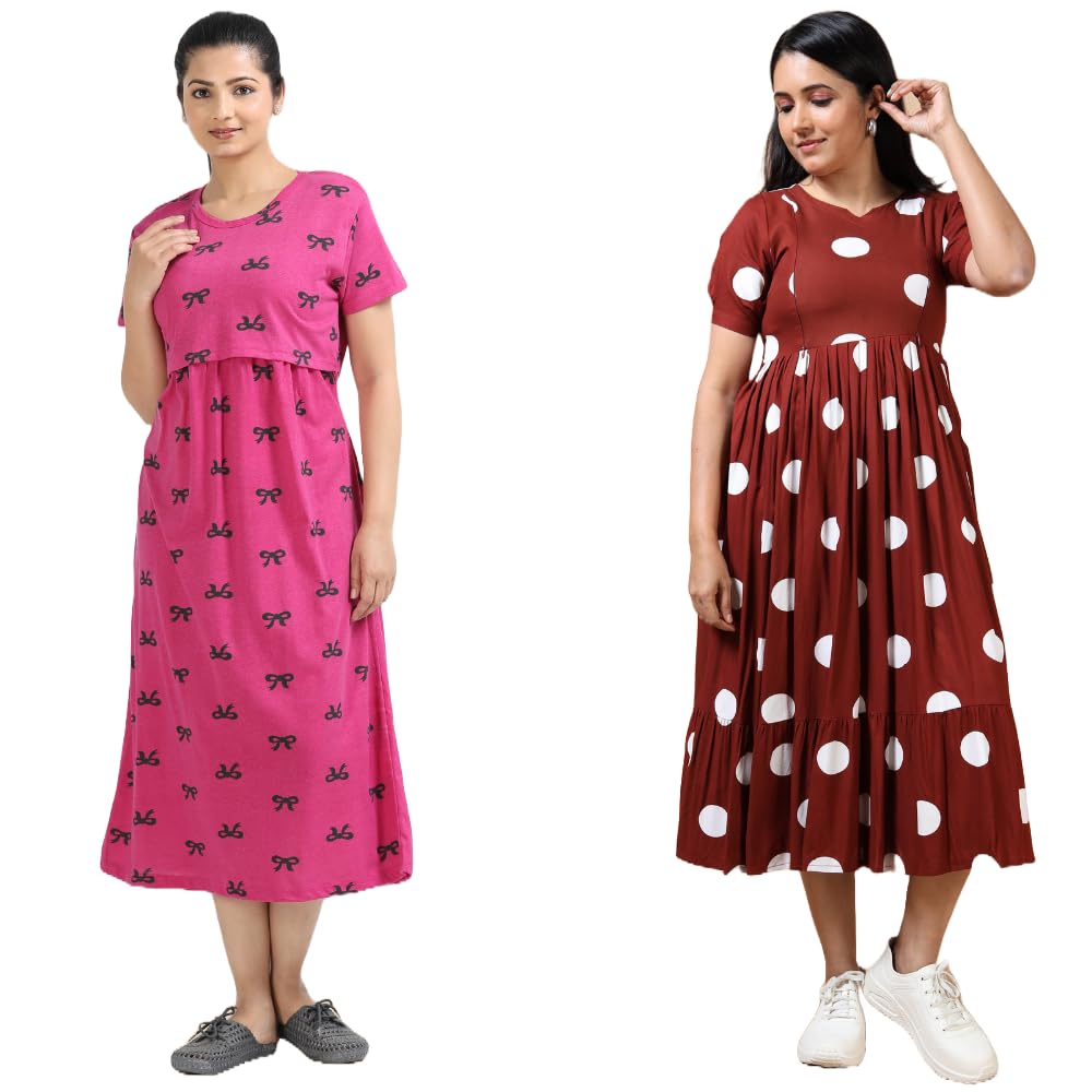 Mayaval Women’s Maternity & Nursing Combo – Pink Printed Maternity Dress with Bows & Maroon Polka Dot Maternity Kurti-image-16