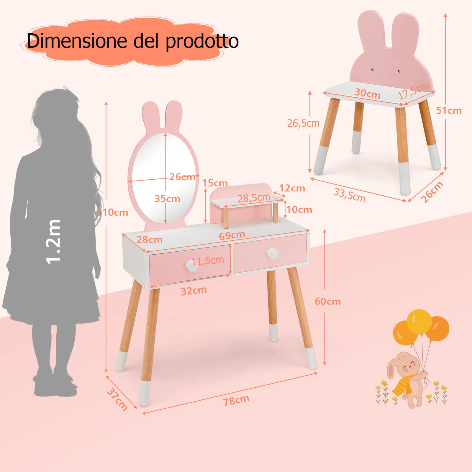 COSTWAY Toeletta Trucco 2 in 1 per Bambina, Specchiera a Forma di Coniglio Staccabile per Ragazza in Legno con Sgabello, Ripiano e 2 Cassetti, Postazione Trucco, 78 x 37 x 110cm (Rosa)