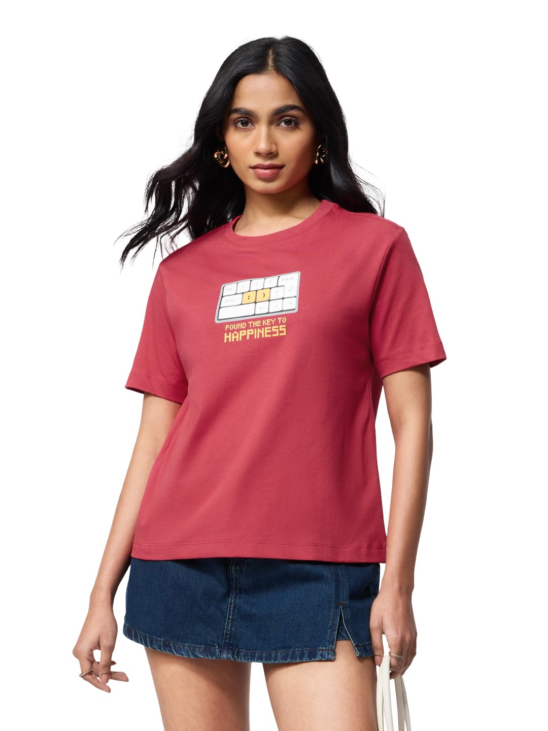 The Souled Store Happiness: Women and Girls Short Sleeves Round Neck Dark Red Graphic Printed Cotton Relaxed Fit Breathable Lightweight Everyday Streetwear T-Shirt in red