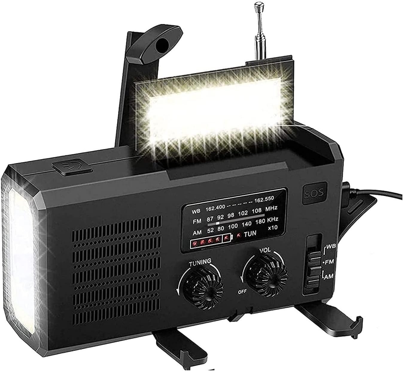 Radio z korbką awaryjną, 4000 mAh – przenośne radio pogodowe AM/FM z korbką ręczną zasilane energią słoneczną, latarką LED, lampką do czytania, alarmem SOS, ładowarką do telefonu komórkowego