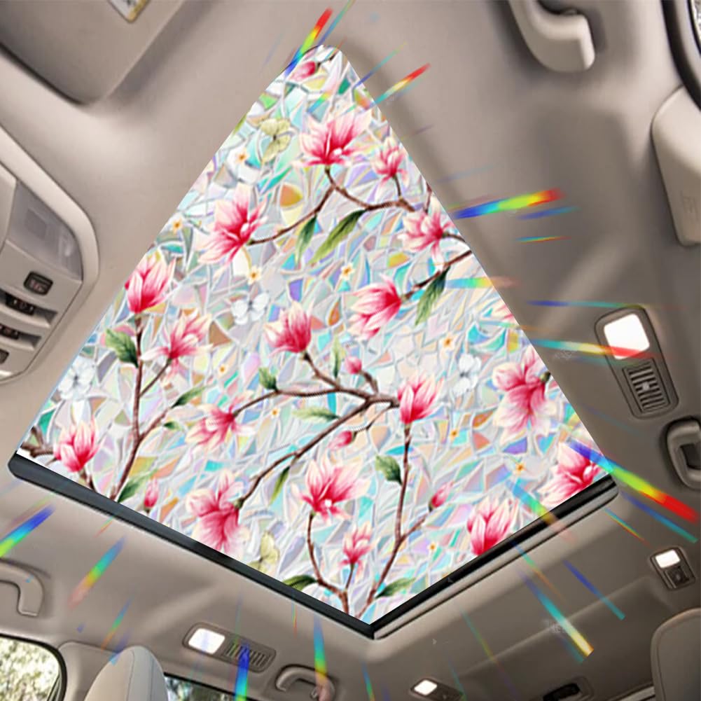 JOONOR Pink Magnolia Flower Sunroof Film Floral Rainbow Effect Static Clings Window Privacy Film Sun Protection Stained Glass Decals for Car Moonroof &amp; Side Windows, 17.72 x 35.43 Inch