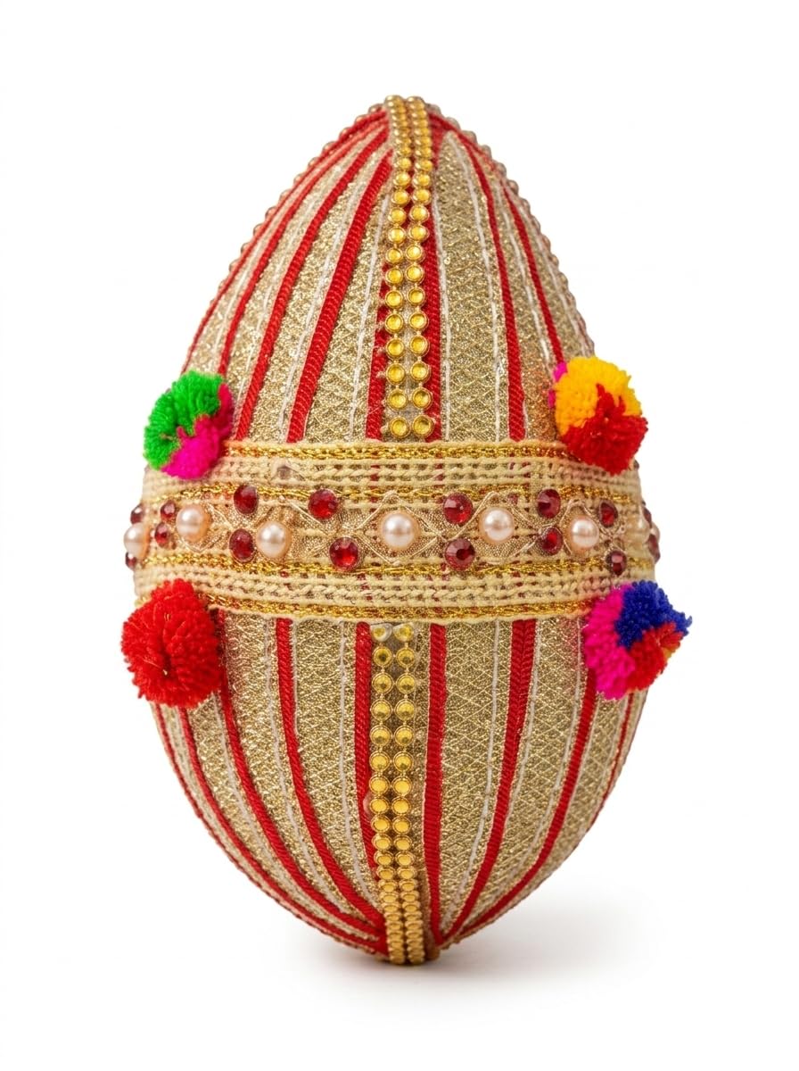 Decorated Handmade Shagun Nariyal | Hand Crafted Colourful Decorative Coconut for Pooja, Marriage Occasions, Weddings, Ring Ceremony & Engagement (Golden)-image-31