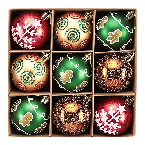 DecorbyHannah Christmas Ornaments, Red Gold Green, 9ct, 60mm, Shatterproof, Gingerbread Theme, Hanging, 9 Count