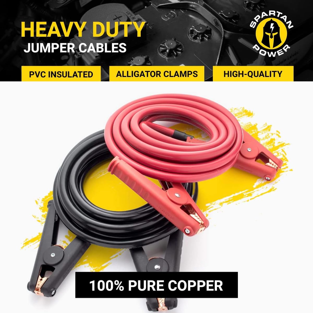Spartan Power Heavy Duty Jumper Cables with Alligator Clips, 100% Pure Copper Wire, Positive & Negative Leads Battery Cable, Made in The USA - 2/0 AWG Gauge Cable, 15 ft