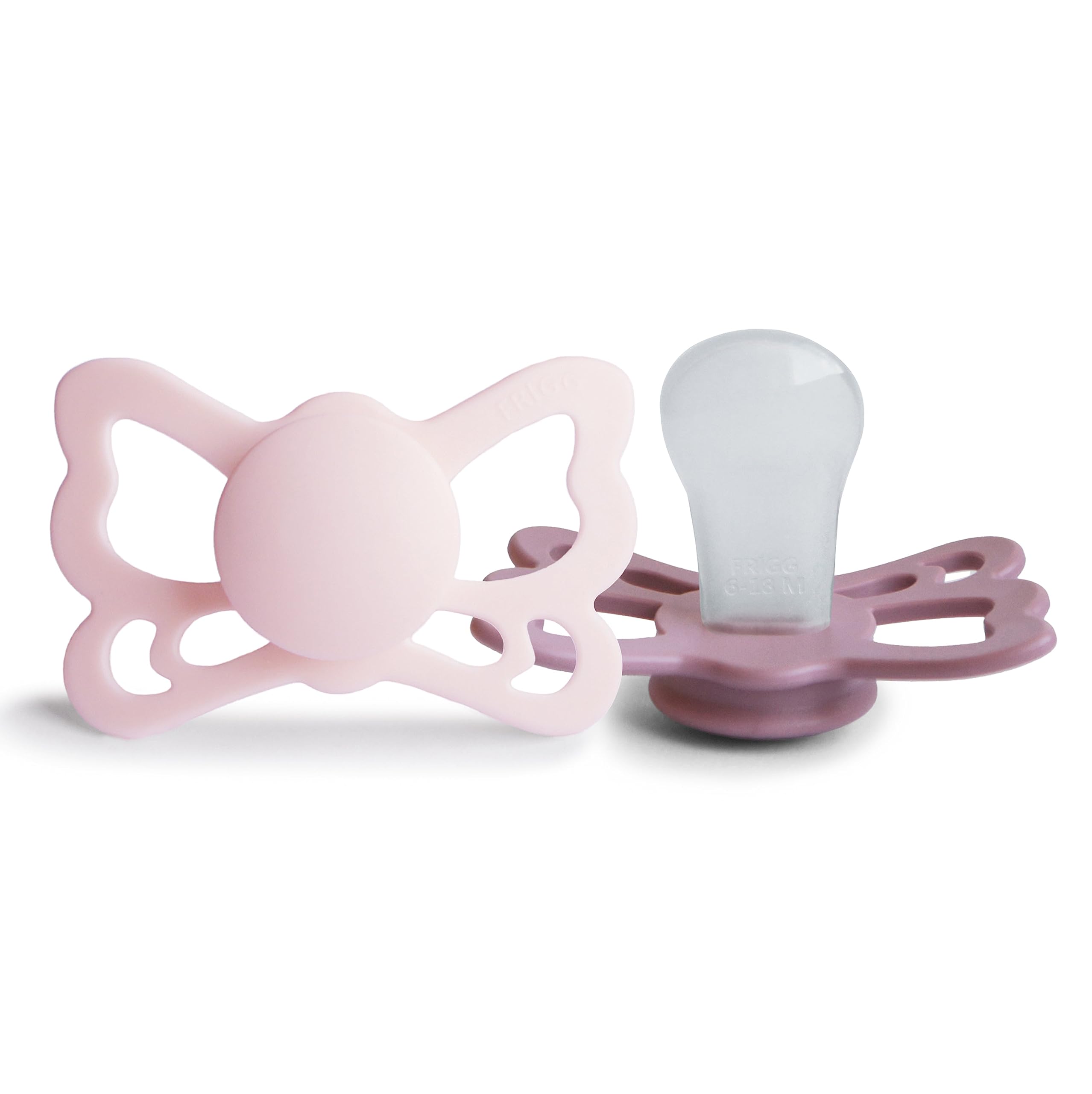 FRIGG Butterfly Anatomical SilkySoft Silicone Baby Pacifier | Made in Denmark | BPA-Free (White Lilac/Twilight Mauve, 6-18 Months)