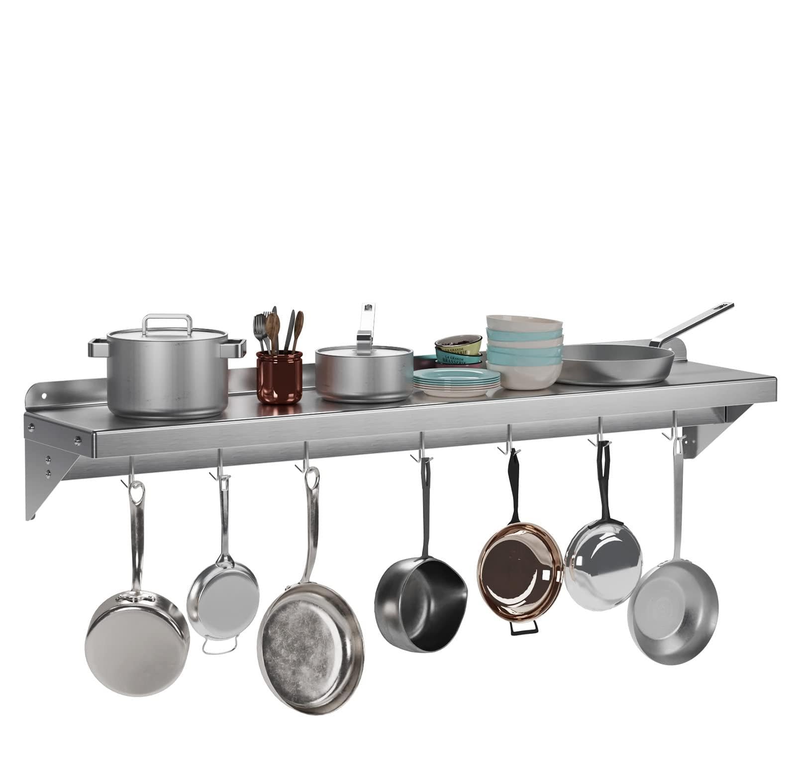 AffinityFurn NSF Certified Stainless Steel Wall Mounted Shelf - Heavy Duty Floating Storage Rack with 7 Hooks - Organizer for Pots, Pans & Utensils