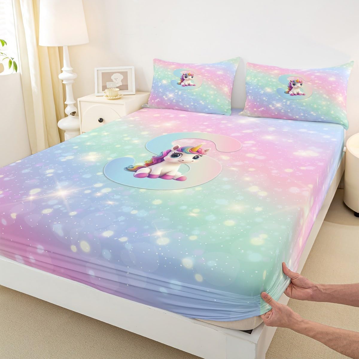 Unicorn Girls Fitted Sheet Full for Kids Rainbow Pink Unicorn Bed Sheets, Galaxy Stars Gradient Glitter Bedding Set for Princess Style Room Decor Kawaii Cute Alphabet S Sheets, Lightweight