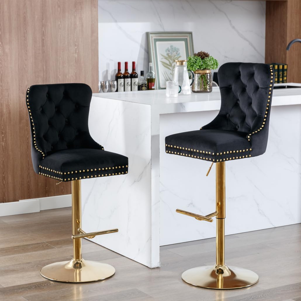 Swivel Bar Stools Set of 2, Velvet Upholstered Barstools Adjusatble Seat Height from 27-35 Inch, Bar Stools with Backrest for Home Pub and Kitchen Island, Black+Gold