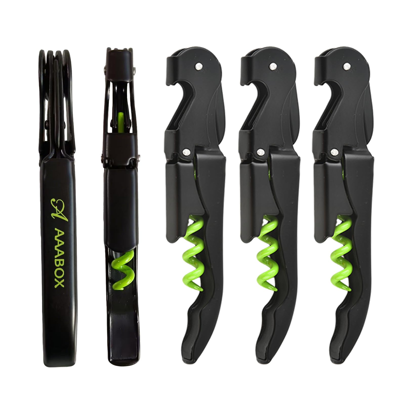 Pack of 5 Sacacorchos Profesional Sommelier de Doble Palanca,3 en 1 Abridor de Vino con Espiral de Acero Inoxidable(Verde y Negro)