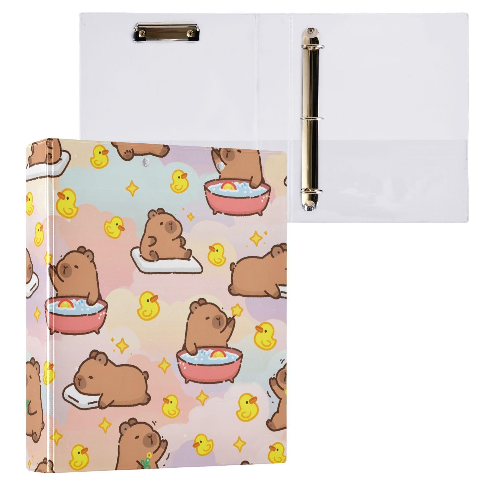 Raccoglitore a 3 anelli Capybara Duck Cute 3,8 cm Raccoglitori a tre anelli con portablocco adatto per carta da 21,9 x 27,9 cm, 3 tasche interne in PVC trasparente per forniture per ufficio