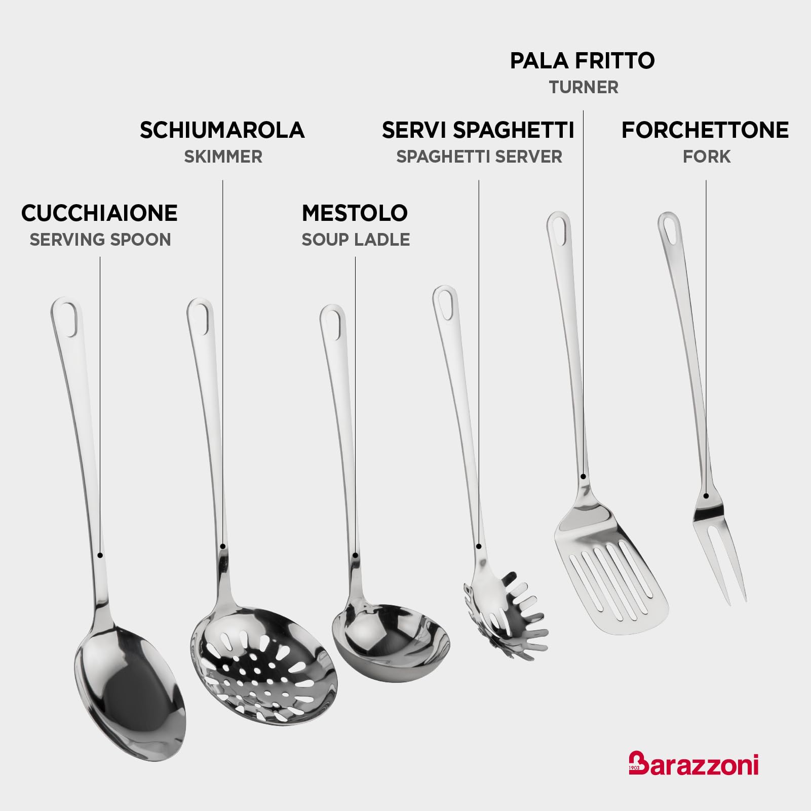 Barazzoni Set mestoli 6 pezzi, Acciaio Inox 18/10. Gli indispensabili in cucina! Dimensioni ideali. PFAS free.