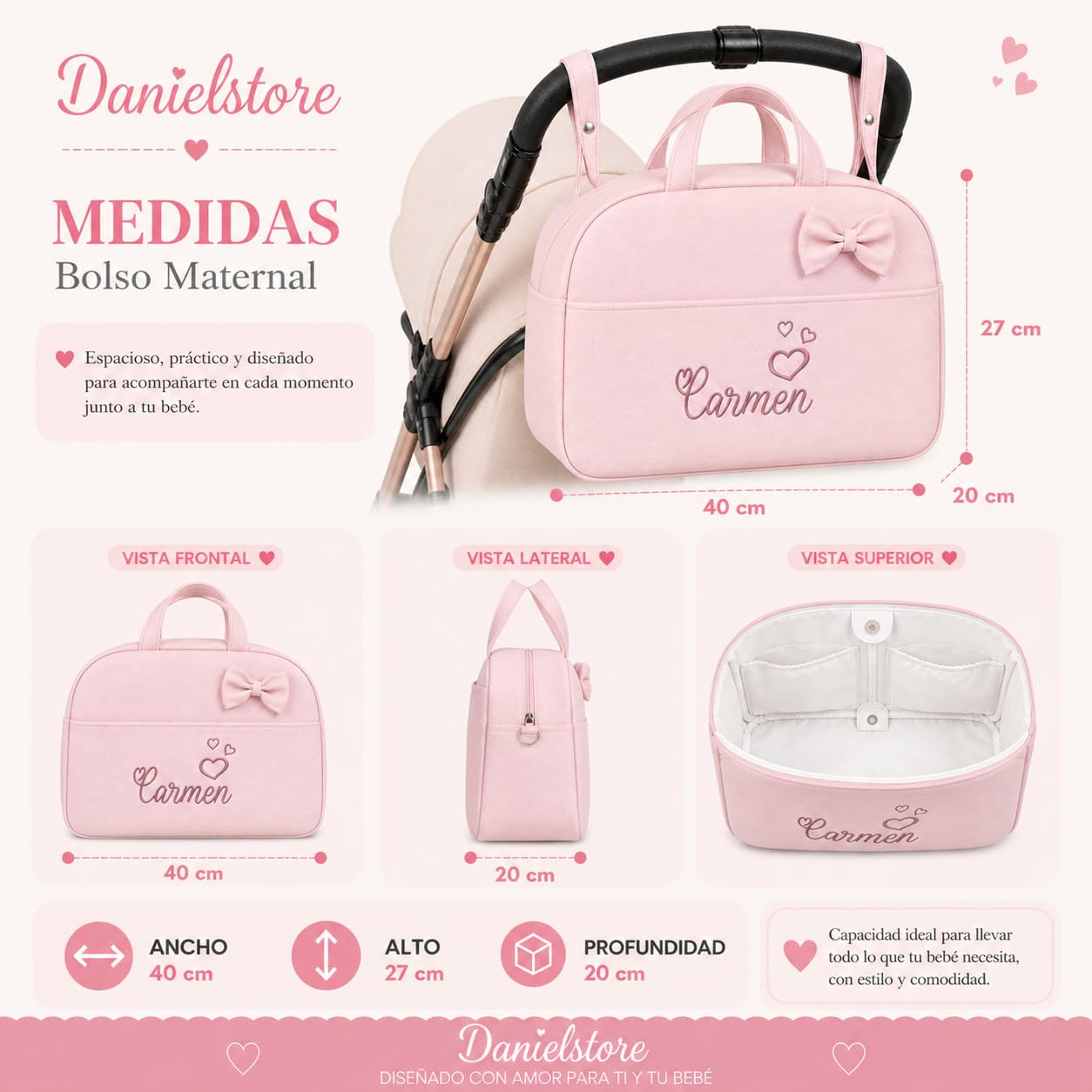 Danielstore - Bolso Maternidad Personalizado | Organizador Pañales | Asa Colgar al Hombro | Compatible Carrito Bebe | Fácil Limpieza, Rosa, 1 Unidad, Polipiel