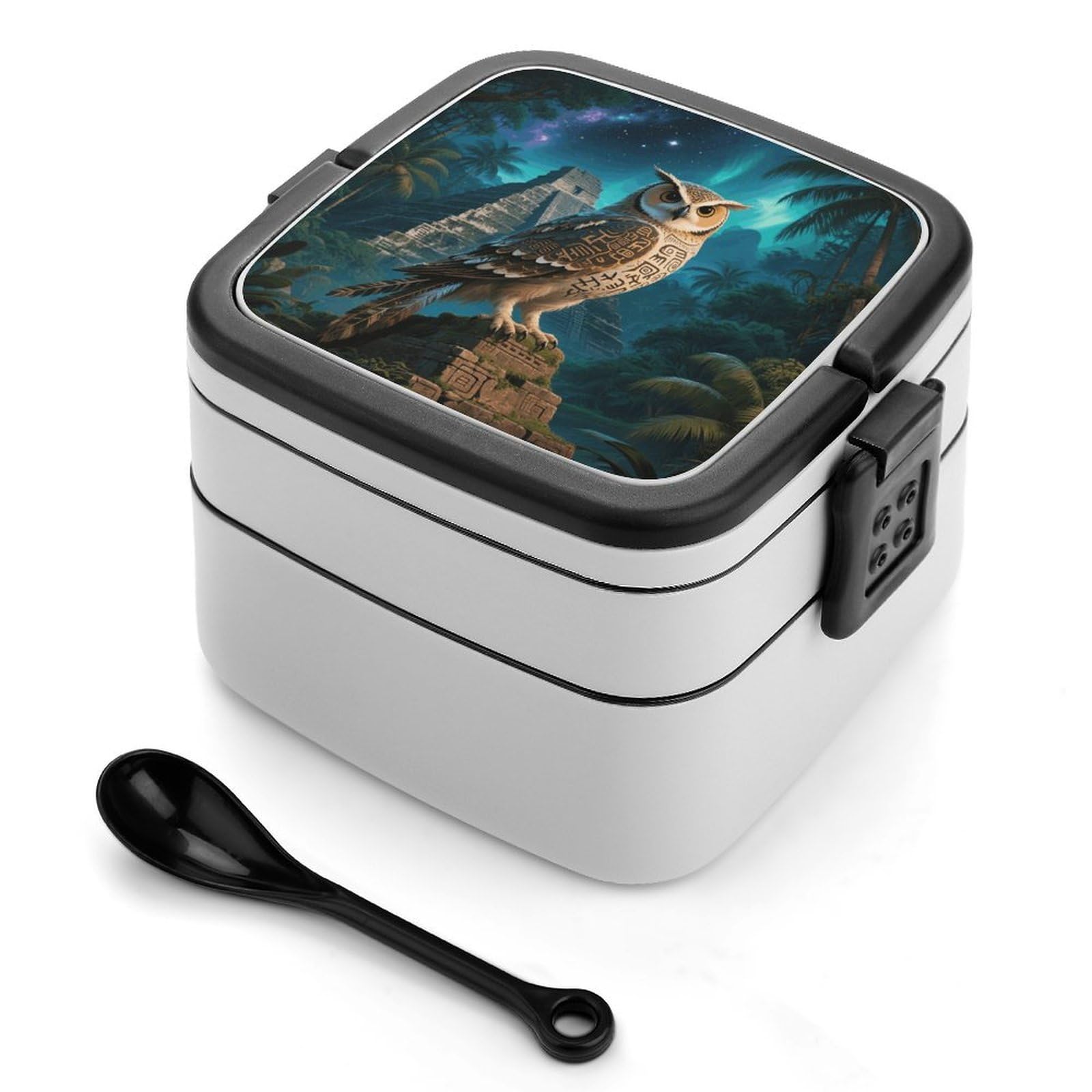 VstaDank Maya Owl Bento Box with Compartments Portable Lunch Containers with Spoon Leak Proof Bento Lunch Box Snap-On Design Double-Layer Insulated Lunch Boxes for Work Camping