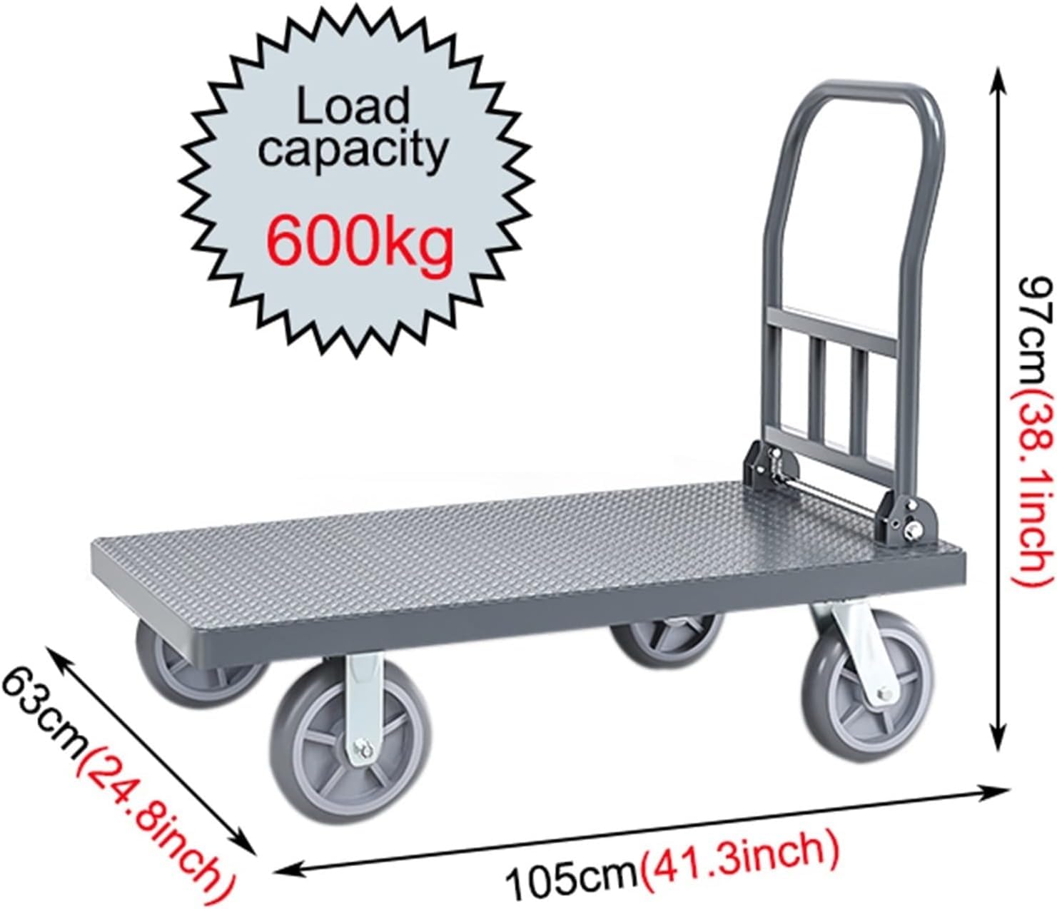 Handwagen mit klappbarer Stahlplattform, Schubkarre, faltbar, robust, rutschfest, maximale Tragkraft 600 kg, mit 4 Rädern