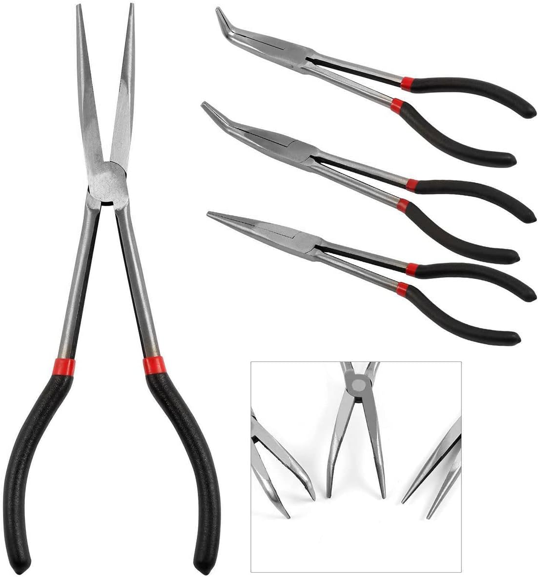 3/5Pcs Long Needle Nose Pliers Set, 11 Inches Carbon Steel Long Reach Pliers Non-slip Straight Pliers 25°/45°/90° Bent Nose Pliers O-Shaped Circle Pliers for Machinist Engineer Narrow Spaces (3 Pcs)