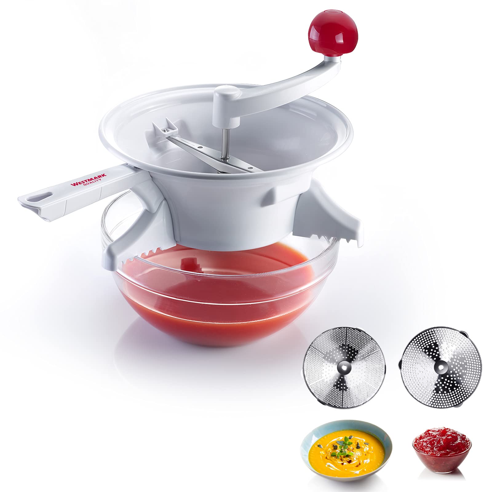 Westmark Einkoch-Set, 1 Passiermaschine/Passe-vite mit 2 Lochscheiben + 1 Einmach-/Marmeladen-Trichter, ABS/PP/Rostfreier Edelstahl, Weiß/Rot, 119622E6
