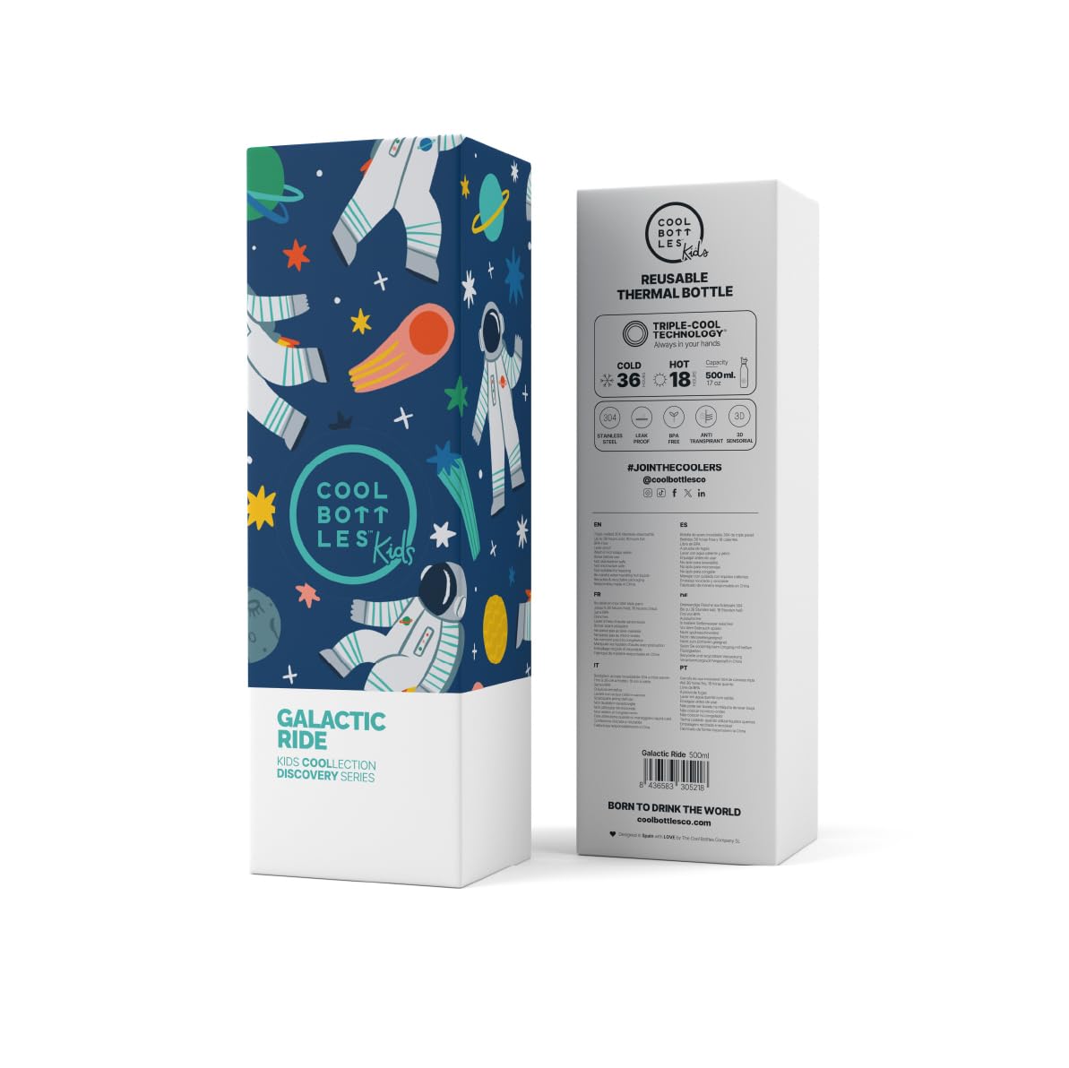Cool Bottles - Botella Agua Acero Inoxidable Niños, Botella Térmica (+3 años) - Bebidas Frías 36 Horas y Calientes 18 Horas - Galactic Ride 500ml