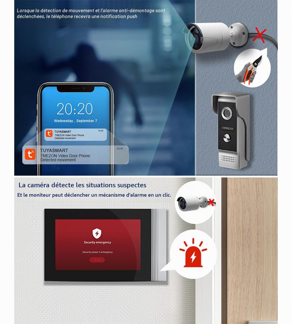 WiFi Tuya Interphone Vidéo pour Accueil Vidéo Sonnette Visiophone Système, 7" Moniteur écran Tactile,1080P HD Sonnette de Caméra Extérieure Filaire Vision Nocturne, Maisons/Bureaux/Villas