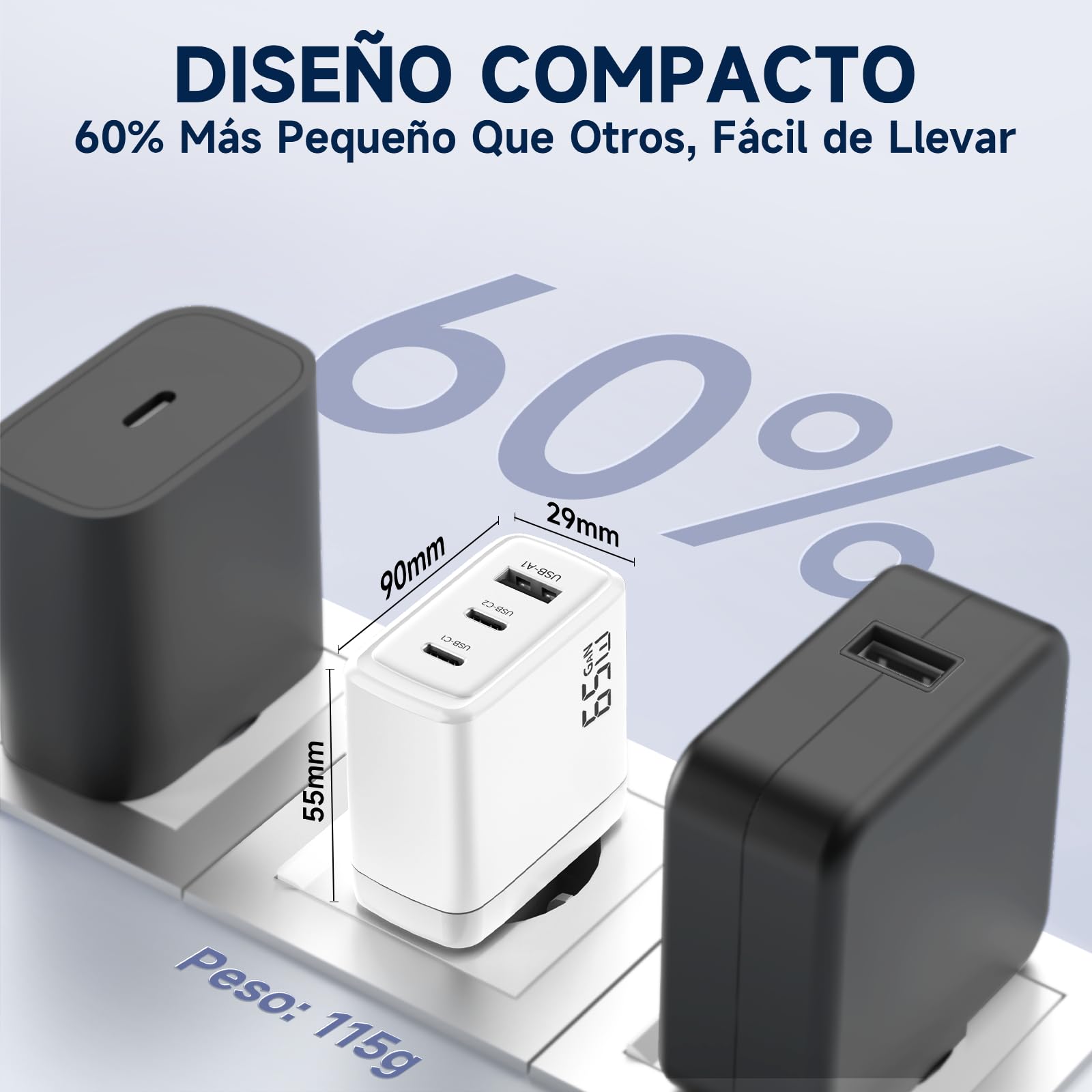 Cargador USB C 65W, Carga Rápida 3 Puertos PD3.0 & QC3.0, GAN II con Cable USB C Trenzado 2M, Compatible para MacBook Pro/Air, para iPhone 17/16/15, para Samsung Galaxy S25/S24/S23/S22 Ultra