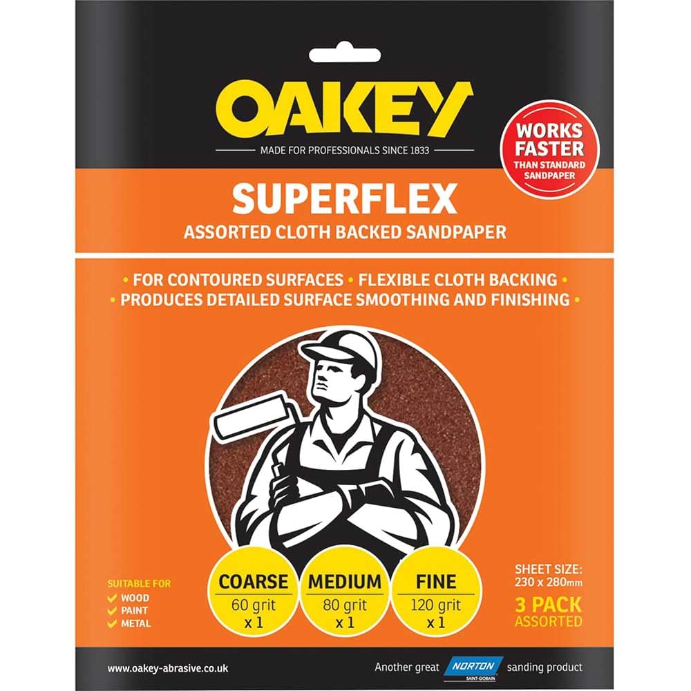 Oakey Superflex Aluminium Oxide Sandpaper Assorted Grit Pack of 3