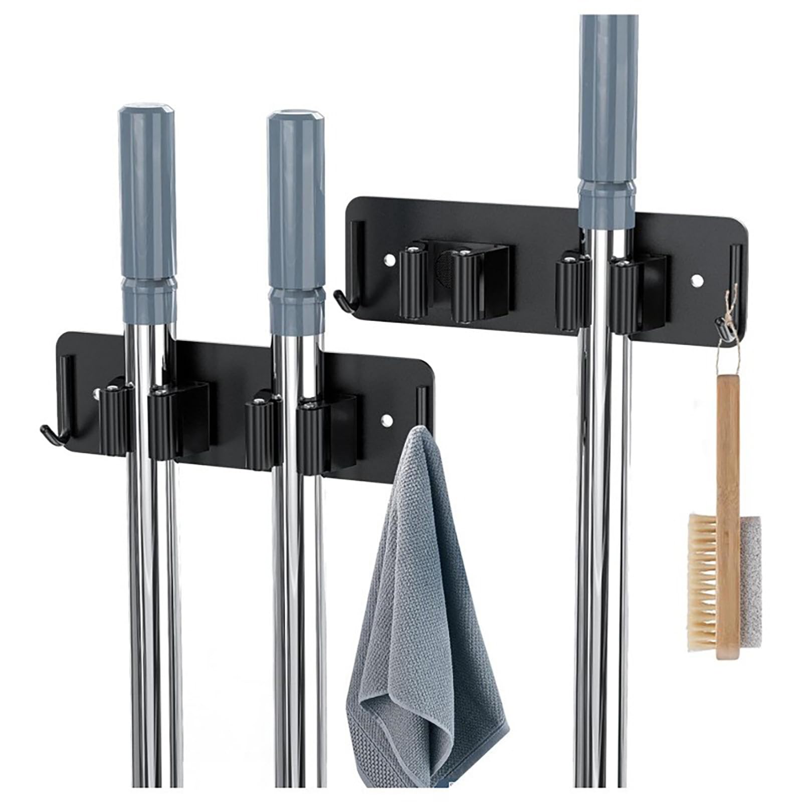 Soporte para Escobas de Pared, Soporte para Escobas de Pared de Acero Inoxidable con Ganchos, 2 Piezas, Autoadhesivos o Tornillos Perforados Incluidos, para Cocina, Baño, Garaje y Jardín - Negro