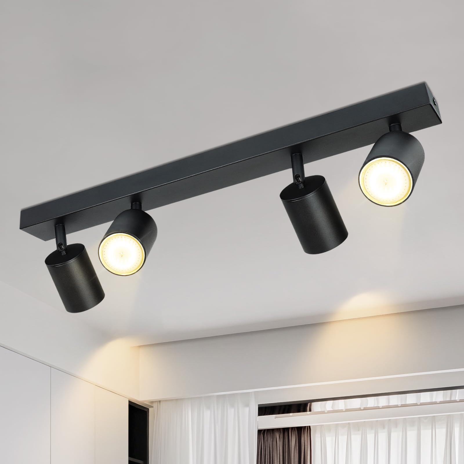 Glitzerlife Deckenstrahler 4 Flammig Deckenlampe Schwarz - Deckenleuchte GU10 Deckenspot Modern Schwenkbar 350° MAX.25W Küchenlampe Spot für Wohnzimmer Schlafzimmer Küche Flur