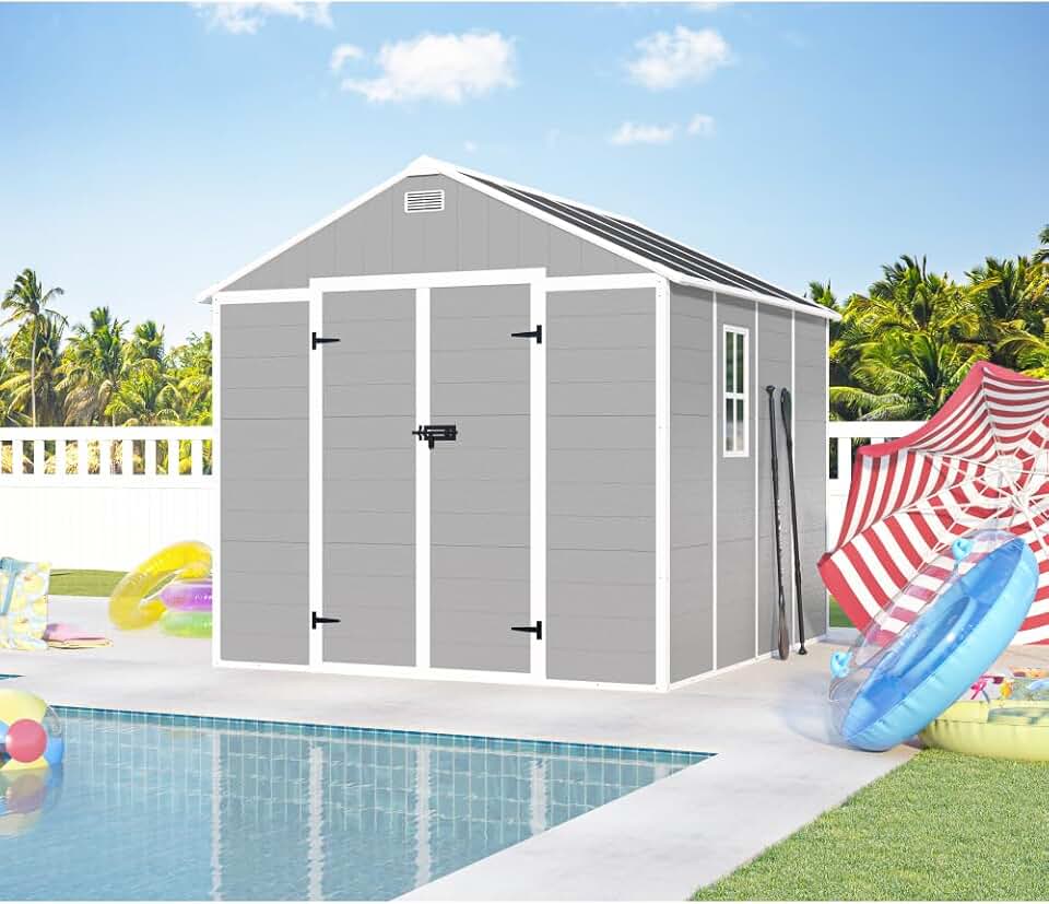 6x6 FT Storage Shed, Waterproof Resin Outdoor Storage Shed with Floor & Window & Lockable Doors and Vents, Light Grey (Grey + Polypropylene-1)