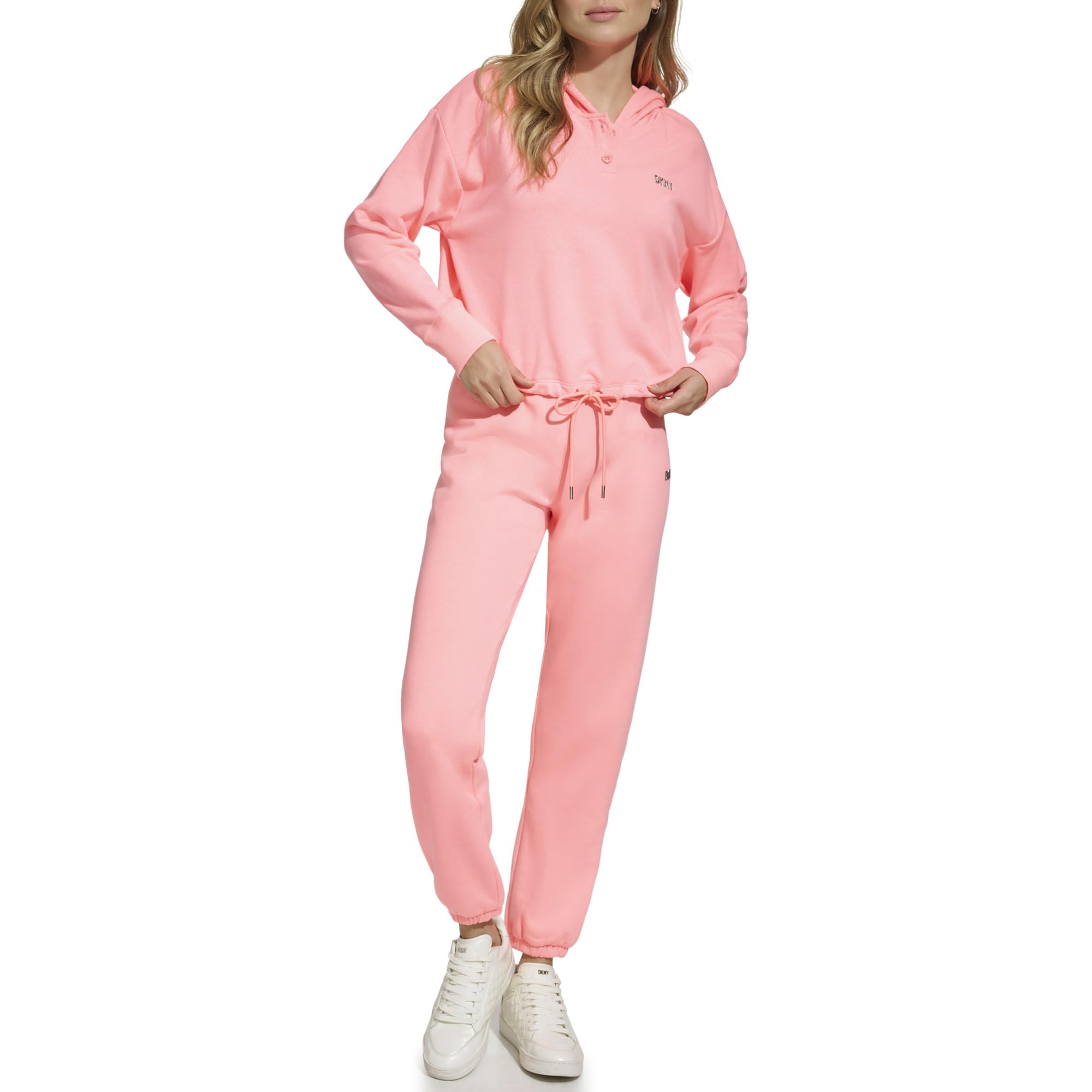 Dkny Women's Atomic Pink Metallic Bubble Logo Button Front Hoodie With Drawcord, Medium, M