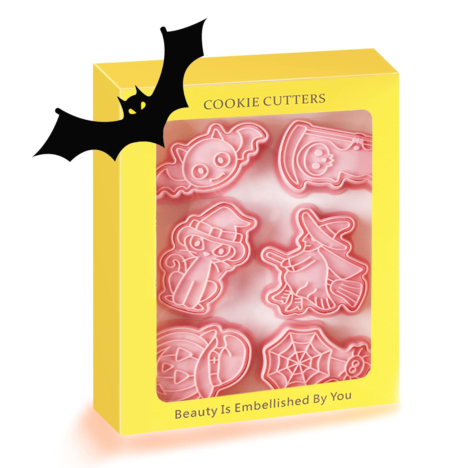 TEMUCY Novel Halloween Cookie Cutters and Stamper, Pumpkin, Ghost, Witch, Bat, Cat, Spider 3D Cookie Cutters Set for Halloween Baking (Pack of 12)
