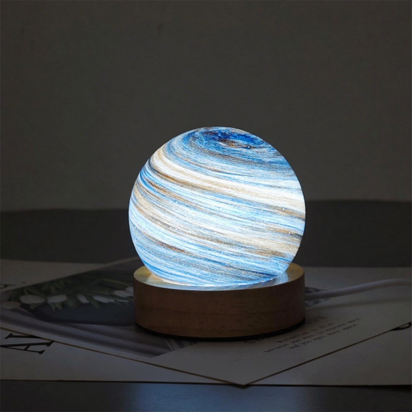 Earth blue Planet Glass Ball Lamp with Wooden Base Three-color Dimming Design Swirl Planet Table Lamp Suit for Bedroom Nightstand Living Room USB Plug