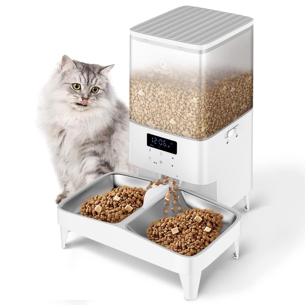 PETEMPO Comedero Gato Automatico 5L, Dispensador Comida con Doble Tazón para Gatos y Perros, Programables hasta 6 Comidas por Día, con 10s Grabación de Voz