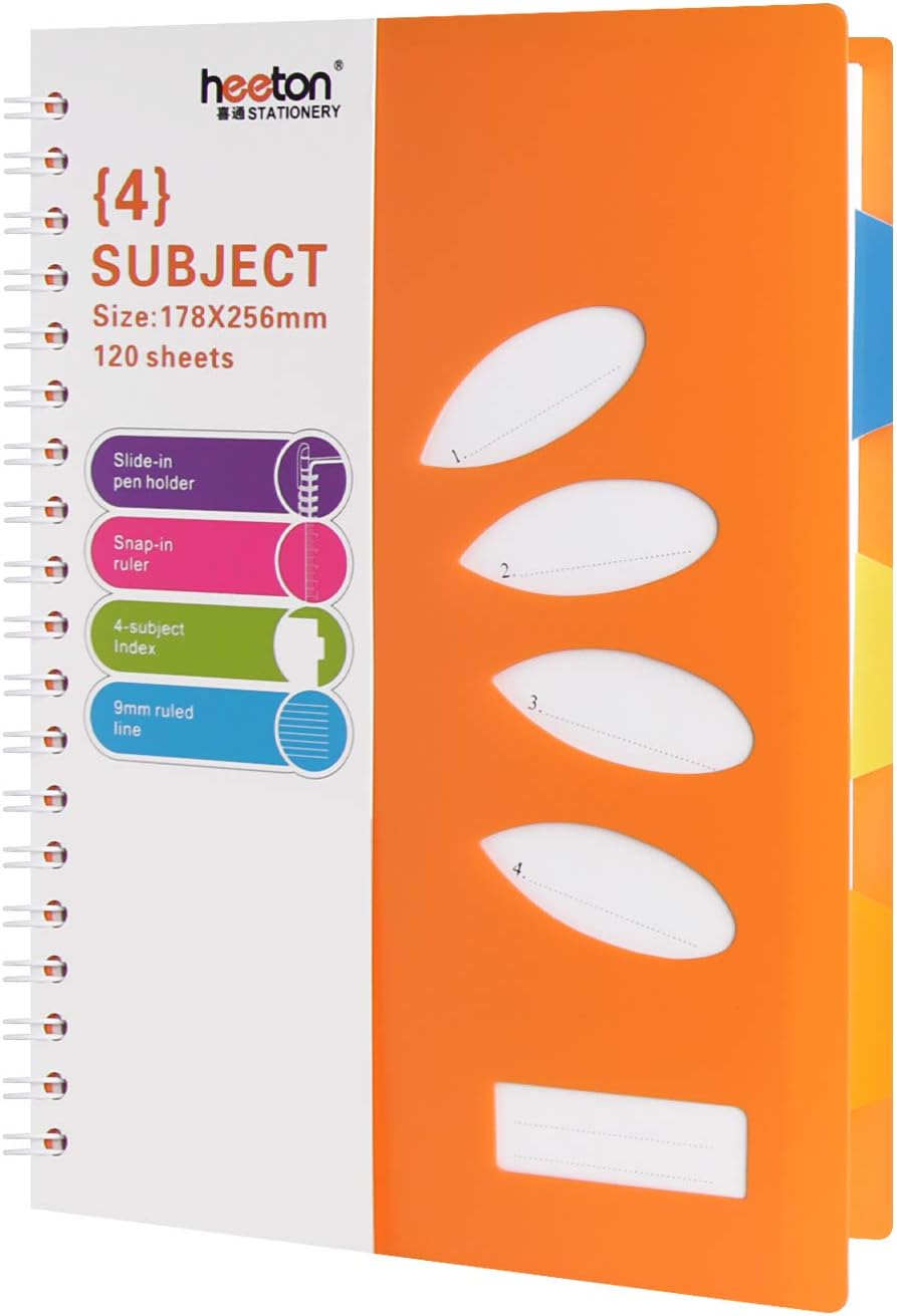 B5 Spiral Wirebound Notebook, 4 Subject Divider, 10" x 7", 240 Pages, Orange
