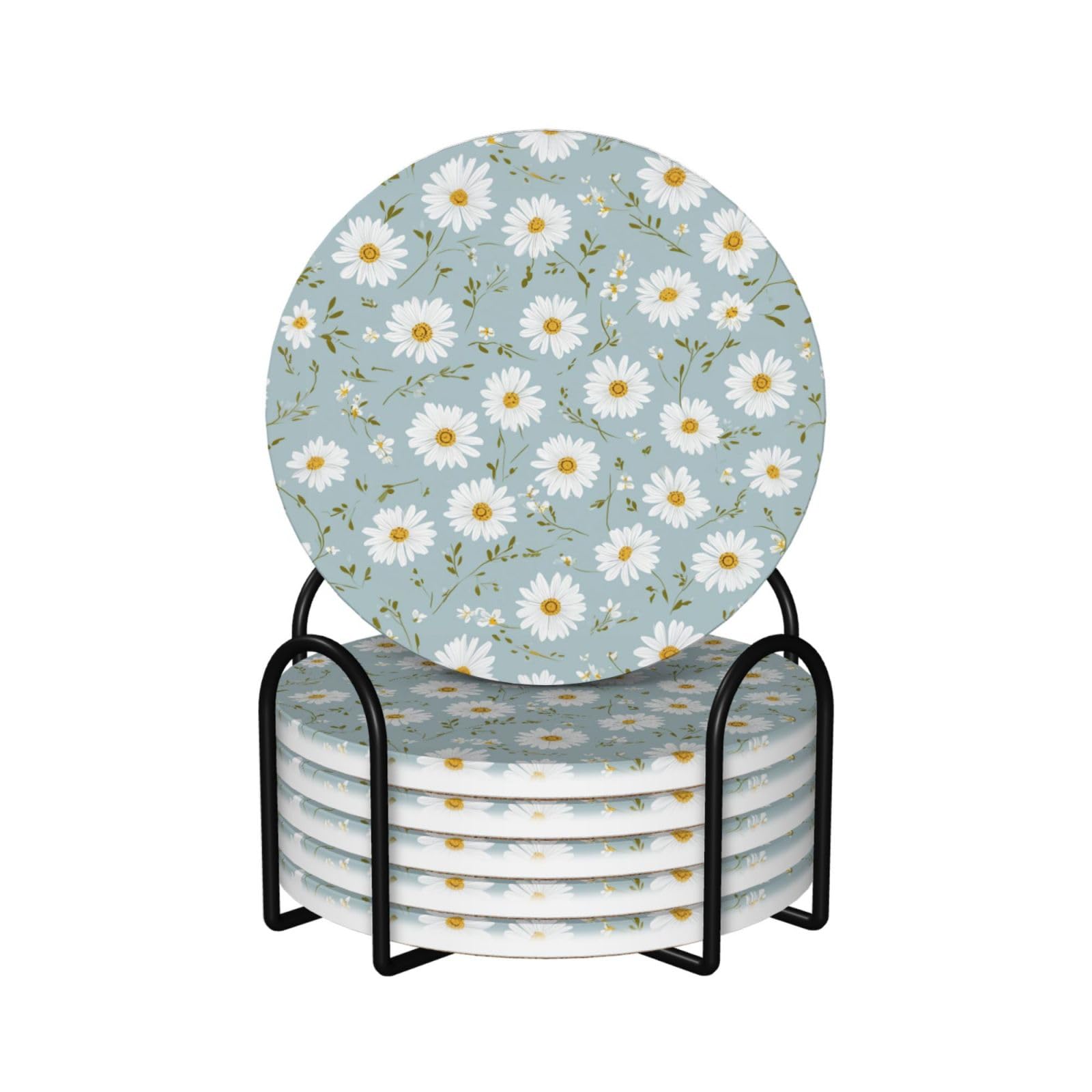 White Daisies Yellow Centers On Soft Pastel Blue Ceramic Coasters with Holder 6ps
