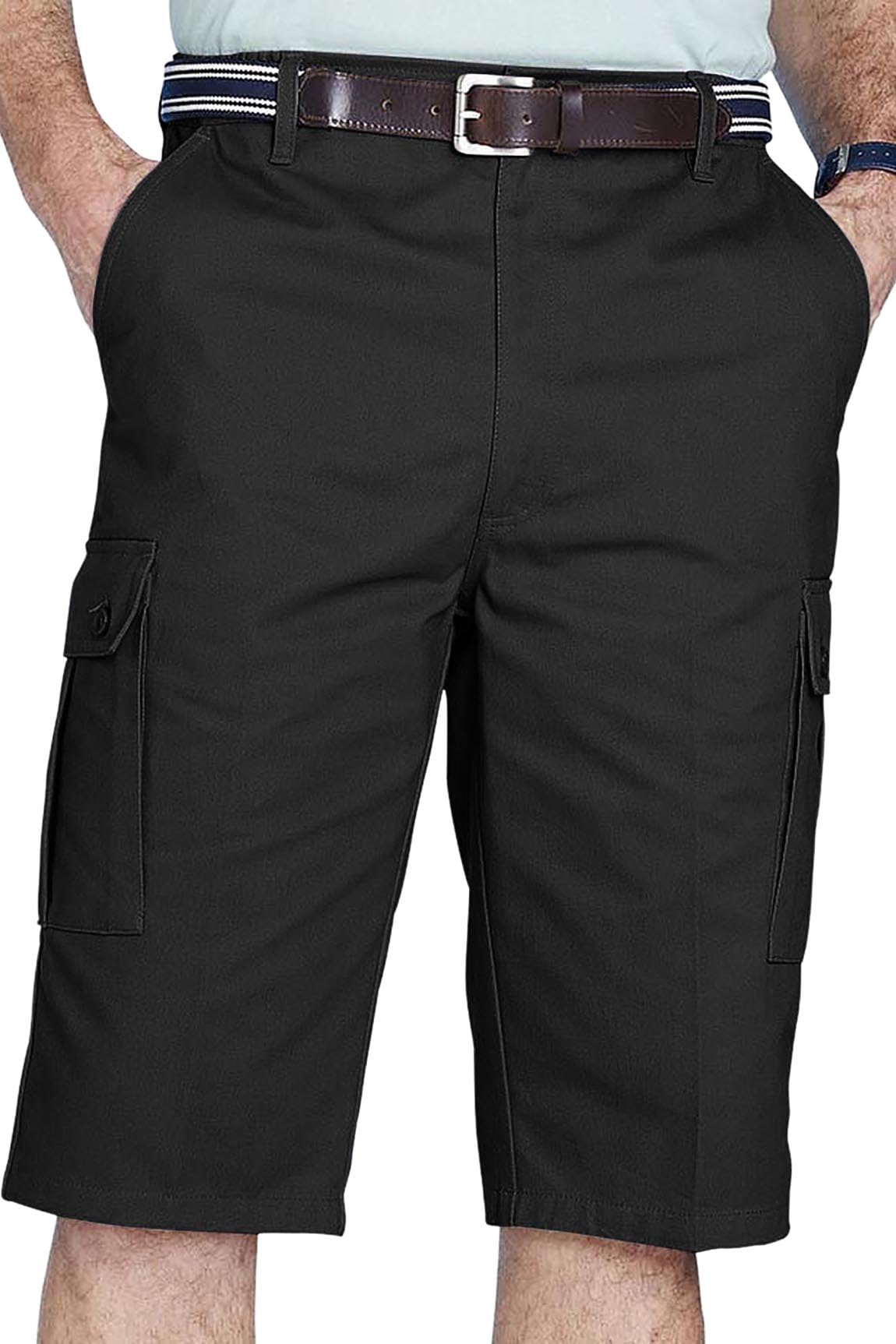 Chums Men's Long Cargo Shorts with Side Elastic Waistband, Roomy Button-Down Pockets, Longer Fit 100% Cotton Short Black 48