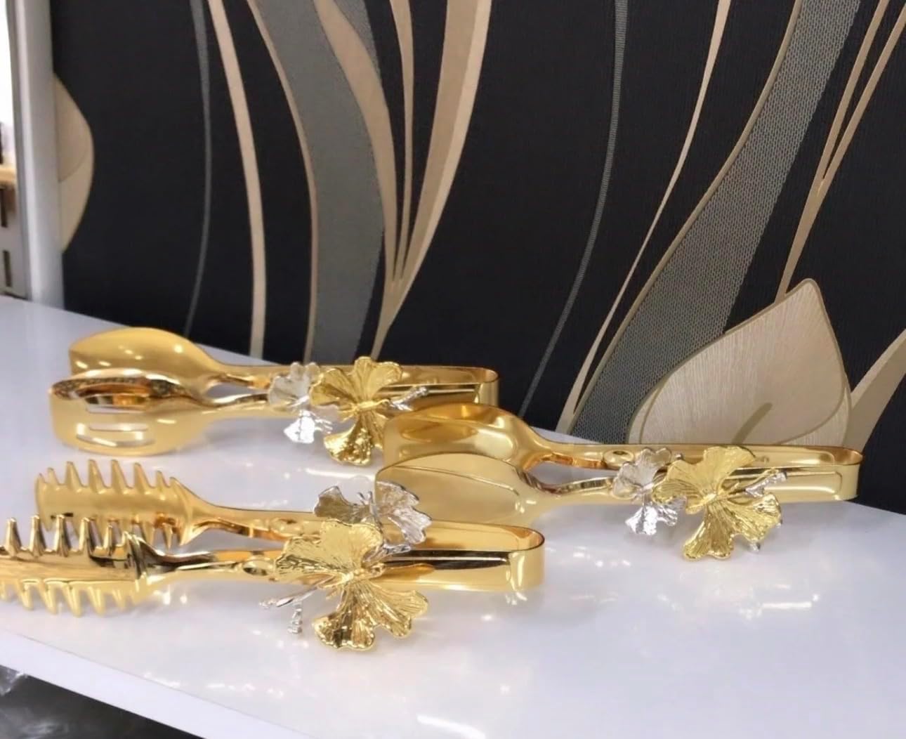 3-Piece Decorative Serving Tongs Set, Gold Stainless Steel Buffet Tongs with Butterfly Design, Elegant Tableware for Parties & Special Occasions